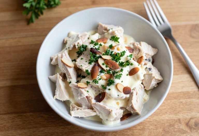 Creamy low carb chicken salad in a bowl with parsley and almonds