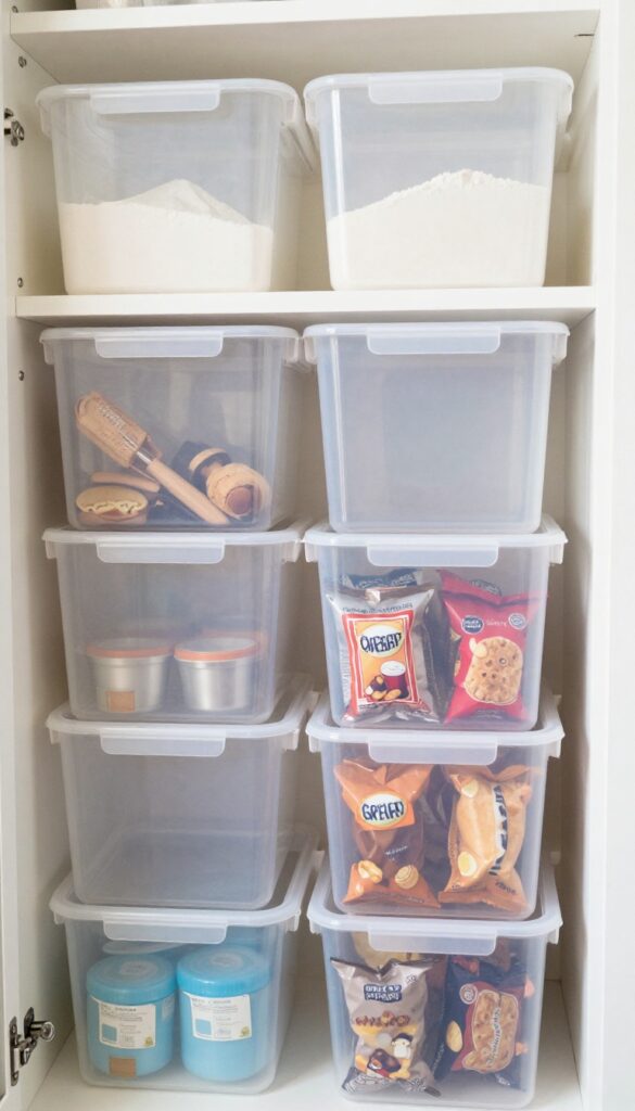 Clear plastic bins on a pantry shelf organizing baking, breakfast, and snack items.