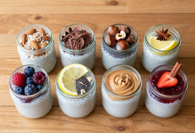 Six jars of keto vanilla chia pudding with various toppings on a wooden table.