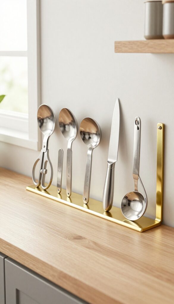 Brass magnetic strip on kitchen backsplash holding metal utensils and knives, organized by frequency of use, with natural light.