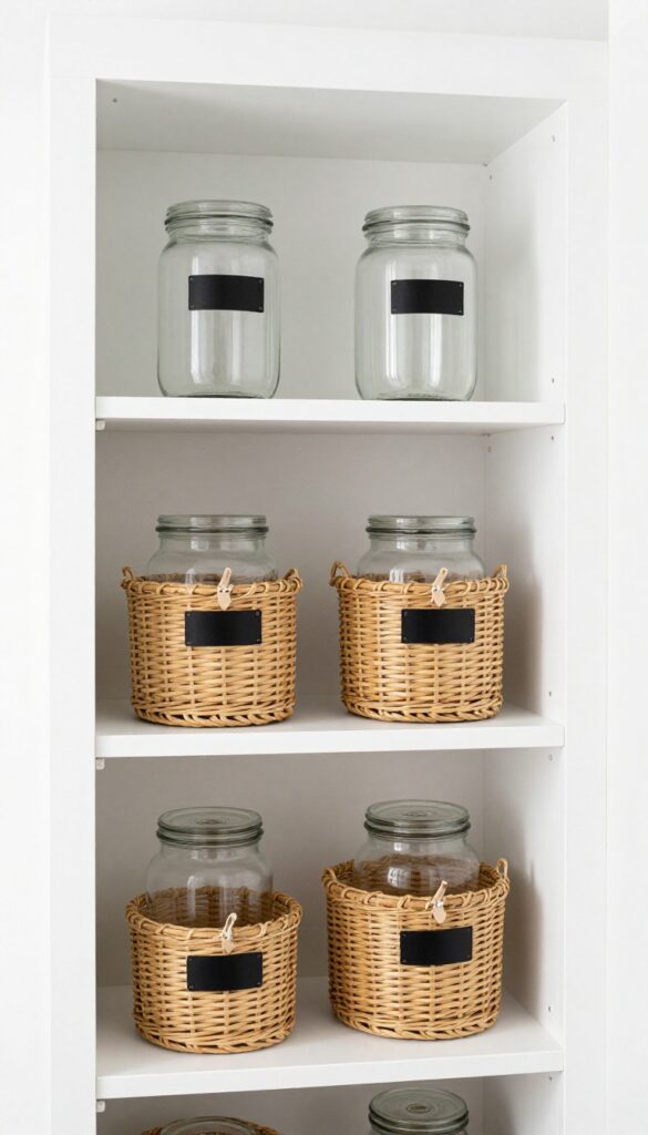 Narrow pantry with labeled clear jars and baskets on white shelves, bright natural light, organized and clean.