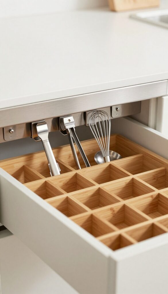 Inside a kitchen drawer with a magnetic strip holding metal utensils neatly in place, paired with a wooden organizer.