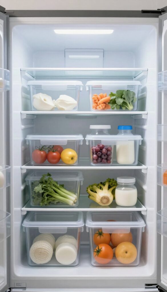 Fridge organizers in clear bins creating a tidy, modern refrigerator interior