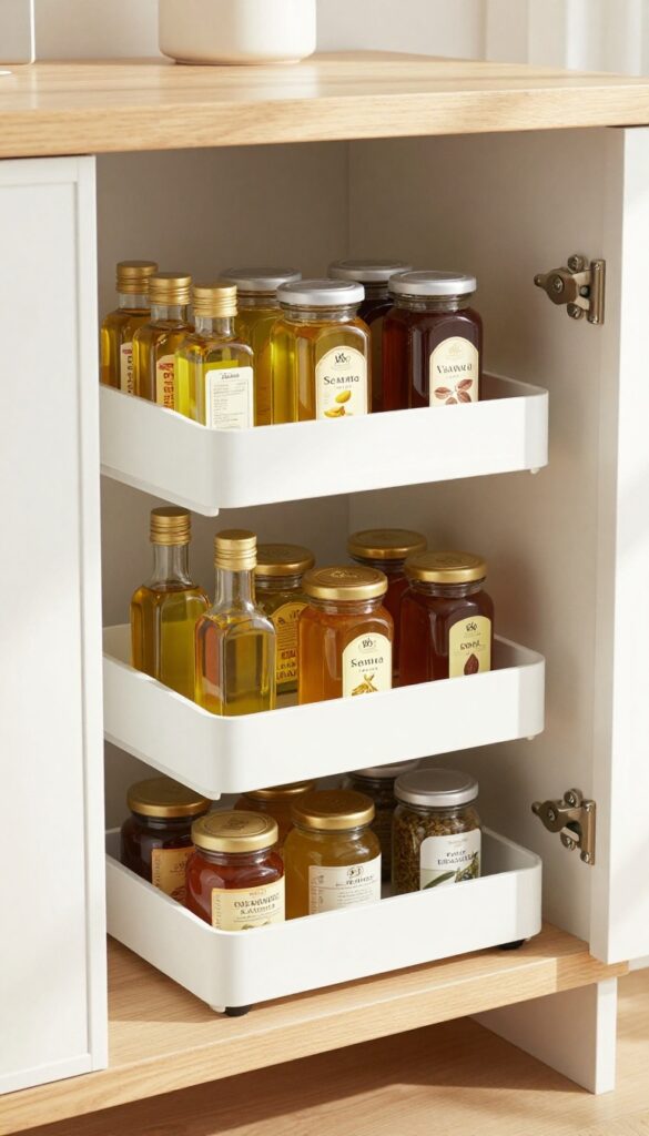 Deep corner pantry with a white lazy Susan holding bottles and jars, organized and accessible.