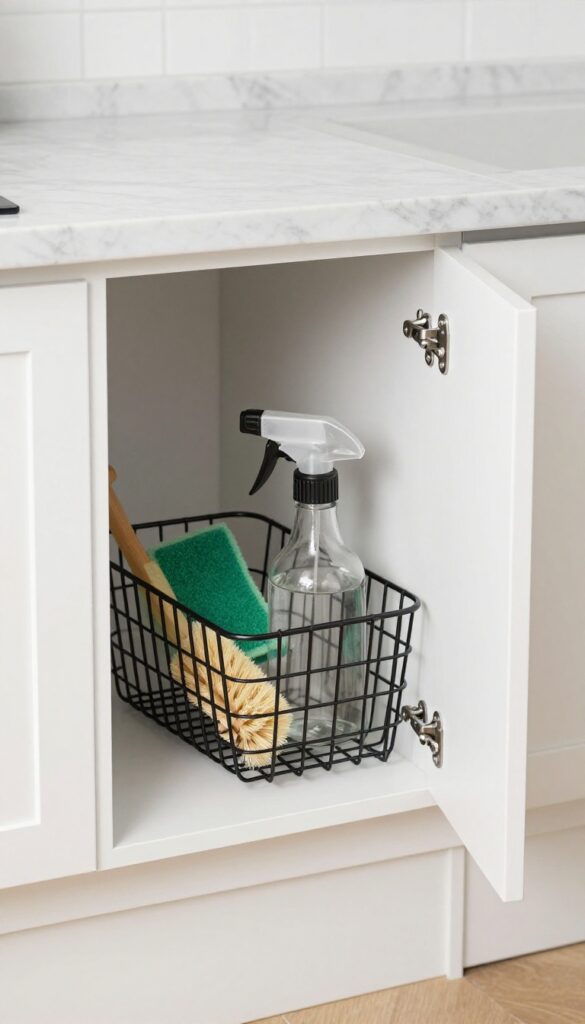 Over-the-door basket on a cabinet door holding cleaning supplies in a bright kitchen