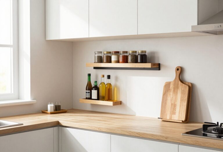 Small kitchen counter organized with tiered shelf, magnetic knife strip, and cutting board file holder