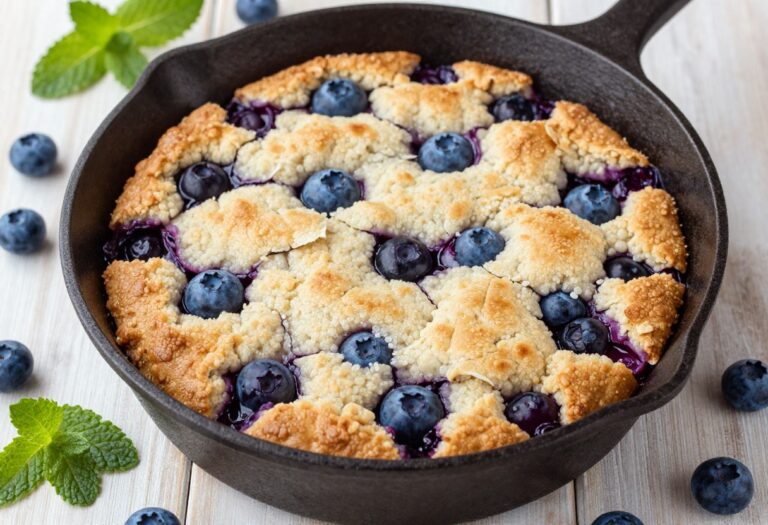 Gluten free blueberry cobbler in a cast iron skillet with golden biscuit topping and fresh blueberries.
