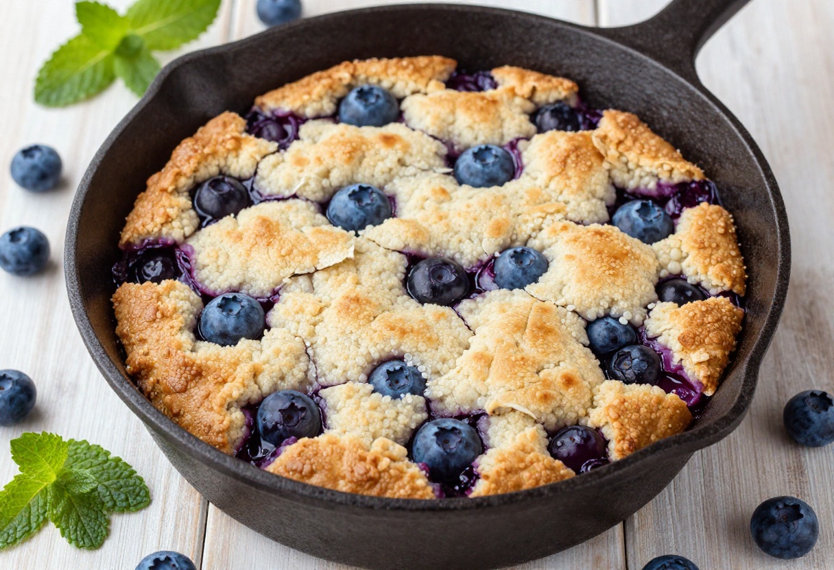Gluten free blueberry cobbler in a cast iron skillet with golden biscuit topping and fresh blueberries.