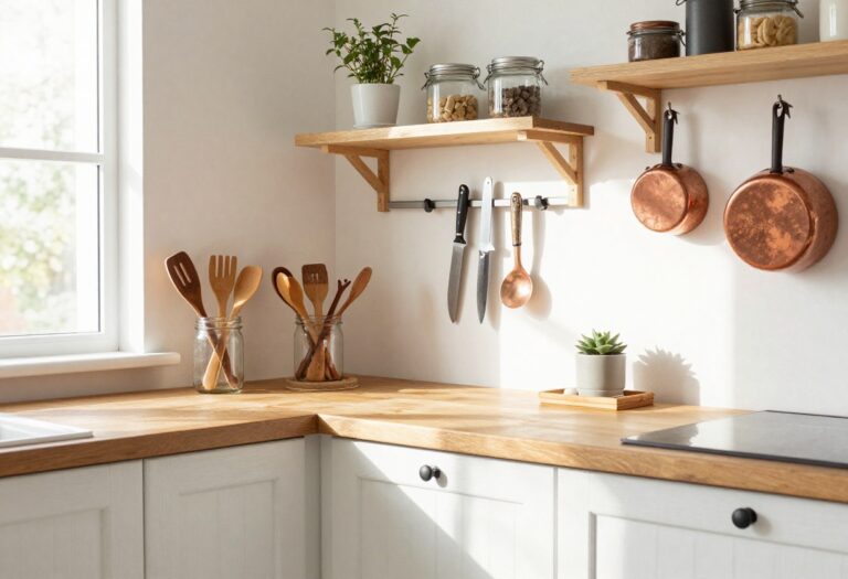 Cozy small kitchen with DIY storage solutions including mason jar utensil holder, magnetic knife strip, and pegboard pot rack.