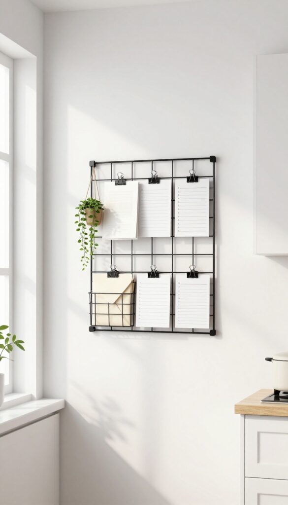 Kitchen wall with wire grid panel, baskets, clips, and plant for mail organization