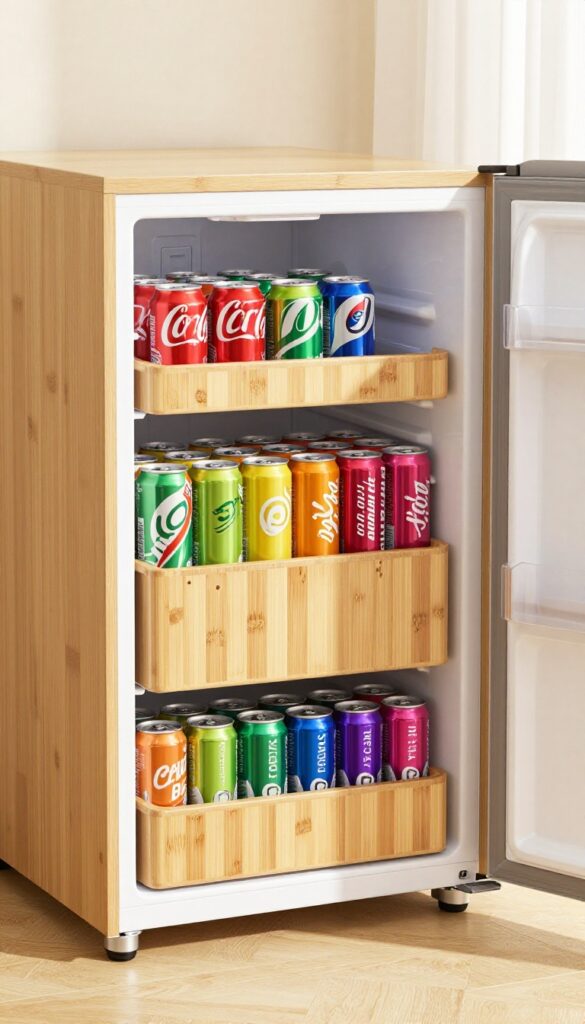 Dorm fridge interior with a tiered bamboo can dispenser holding colorful soda cans in an organized rainbow arrangement.