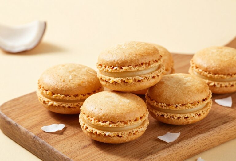 A pile of golden-brown keto coconut macaroons on a rustic wooden board with coconut flakes scattered around.