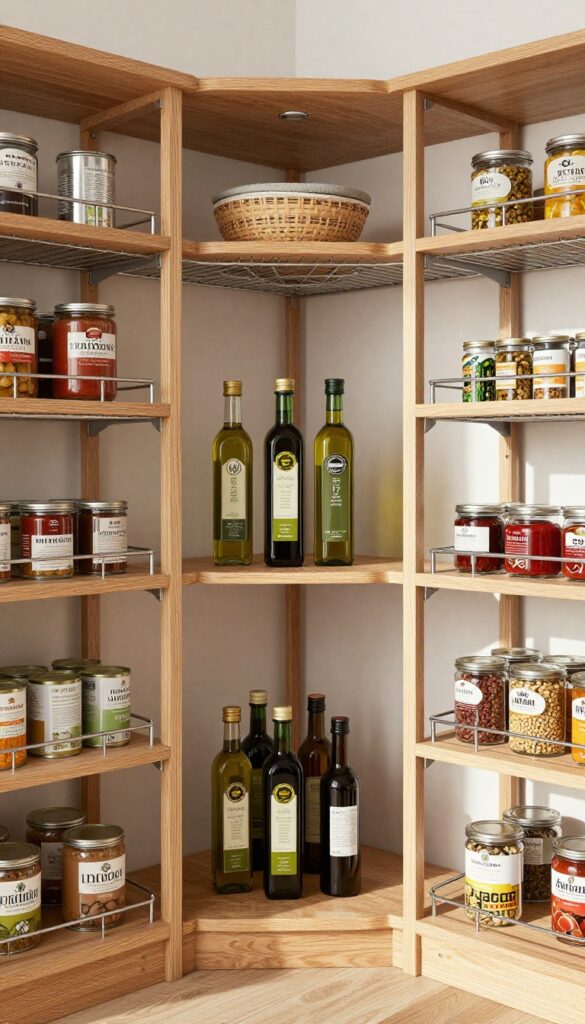 Wire shelf pantry with wooden lazy Susan organizing bottles and jars