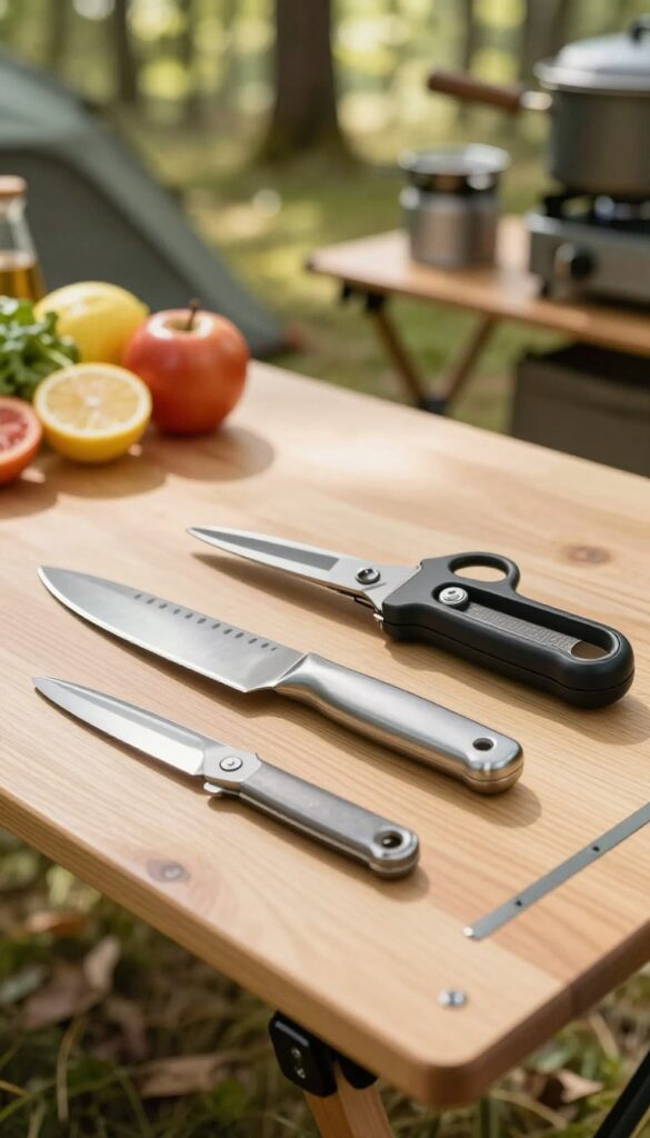 Magnetic strip holding knives and metal tools on a camp table in a sunny outdoor kitchen