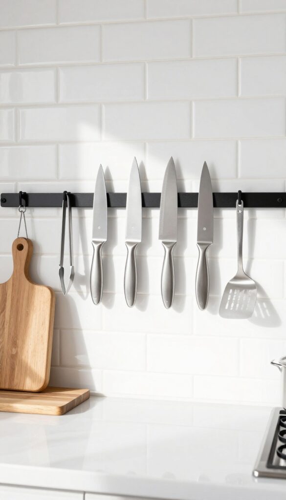 Magnetic strip on backsplash holding knives and metal tools in a bright, minimalist kitchen