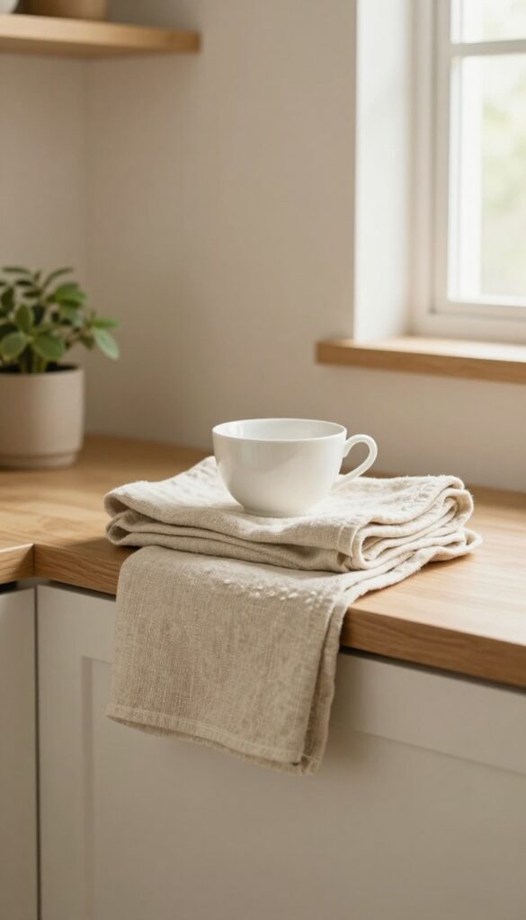 Open kitchen shelf with a folded oatmeal linen towel as a decorative layer, topped with white dishware and a small plant, warm natural light.