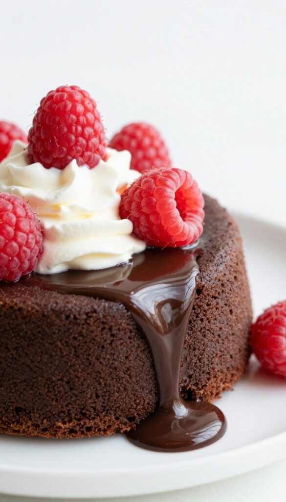 Classic dark chocolate lava cake with molten center, raspberries, and whipped cream on a white plate.