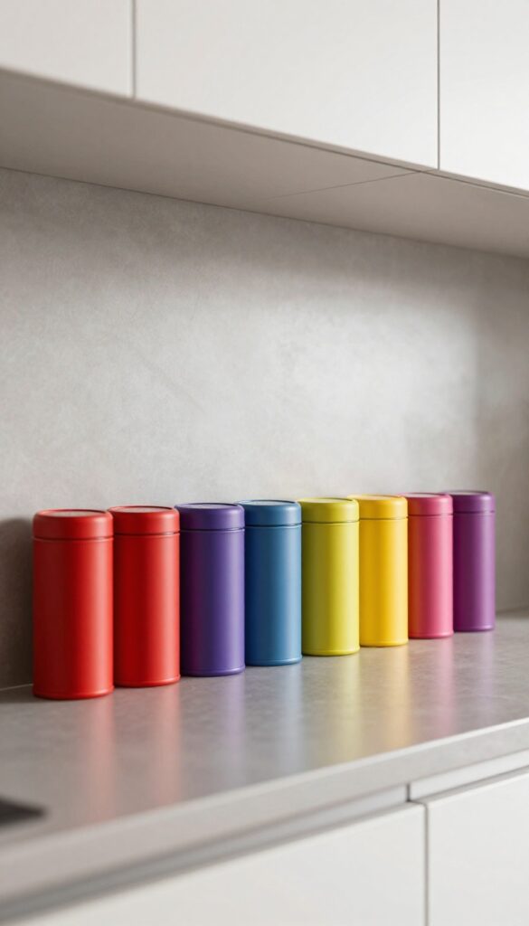 Magnetic spice tins on a metal backsplash in a modern kitchen