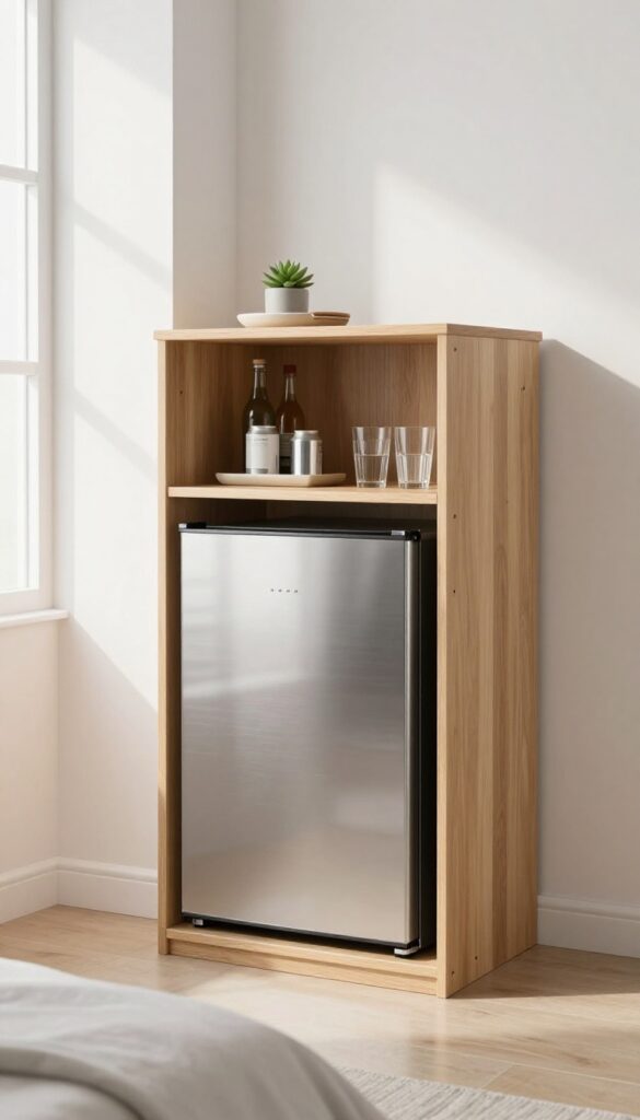 Sleek mini fridge tucked into a built-in bookshelf nook in a modern bedroom with natural light.