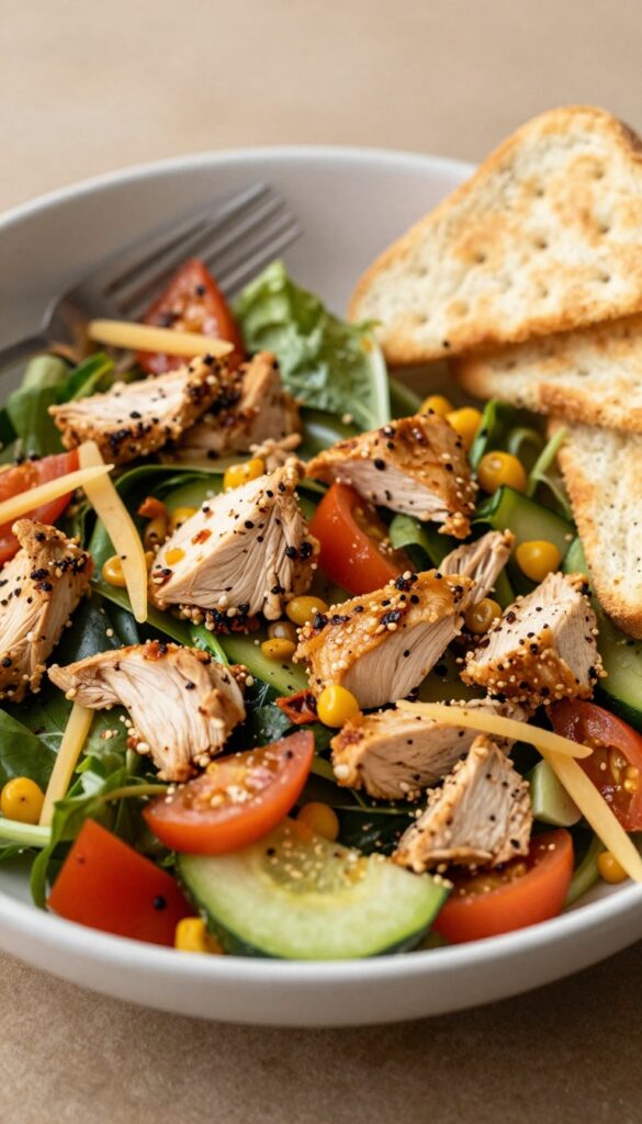 Spicy chicken salad bowl with fork and crackers on the side