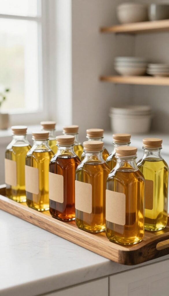 Glass canisters with chalk labels on a wooden tray in a bright kitchen