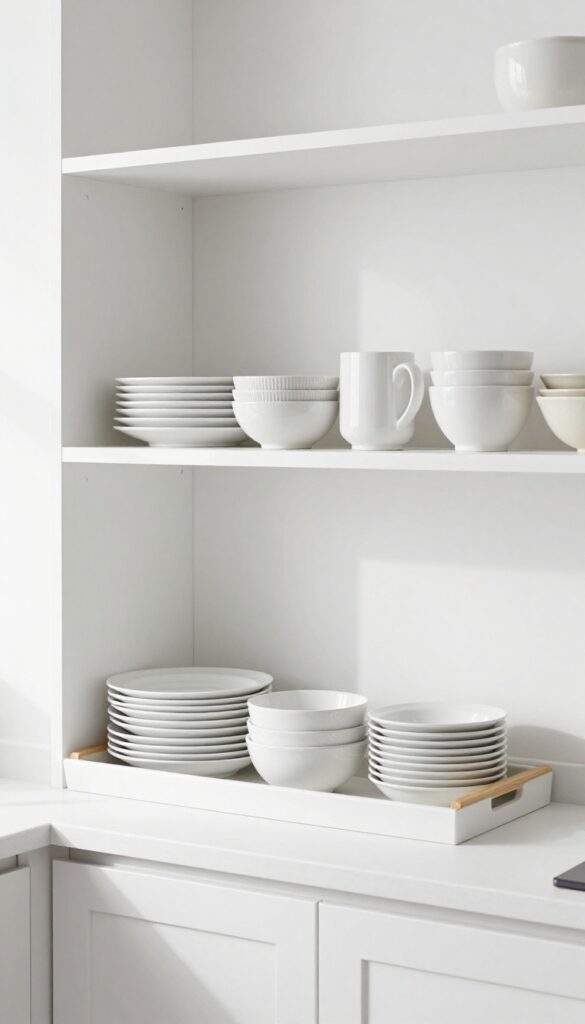 Open kitchen shelving with neatly organized white dishes and mugs on the middle shelf, natural light, minimalist design.