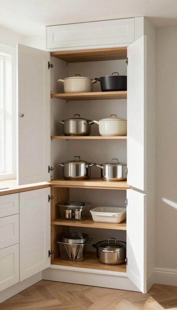 Open corner cabinet with LeMans Magic Corner system showing pull-out shelves with cookware and clear bins.