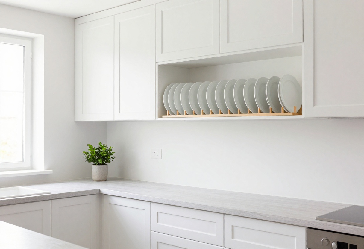 White plates organized vertically in a wooden rack inside a kitchen cabinet, with natural light and a tidy countertop.