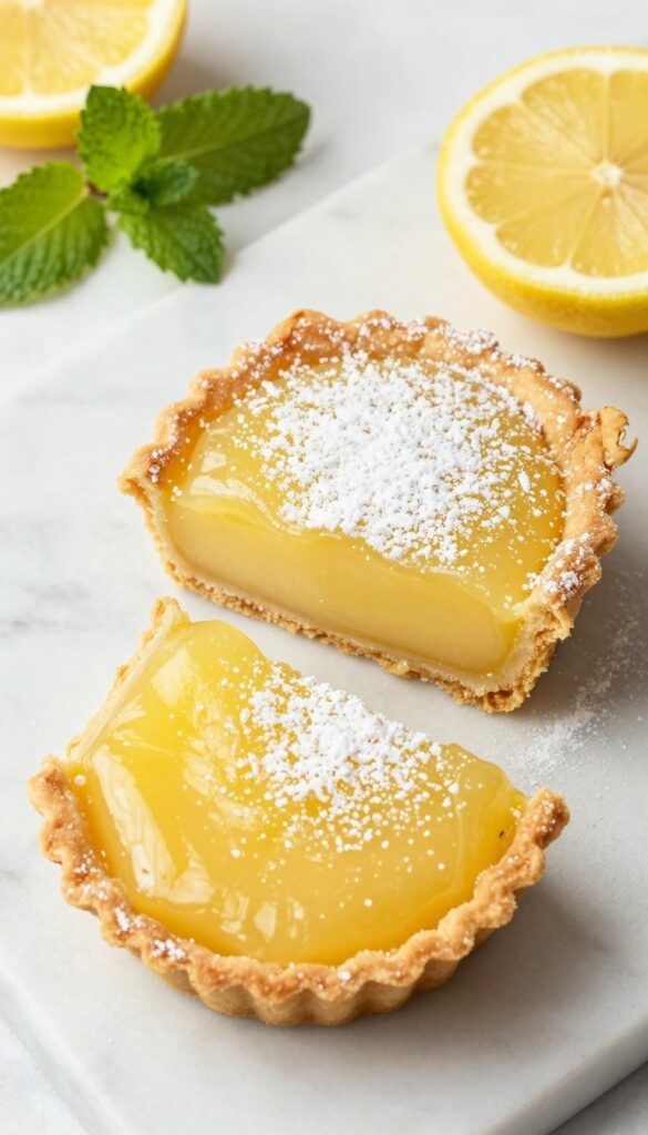 Gluten-free lemon bar slice on marble surface with lemon slices and mint