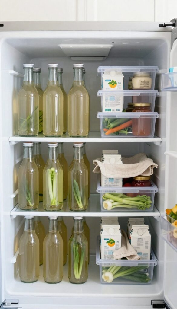 Clear shoe boxes organizing tall bottles and cartons in a refrigerator