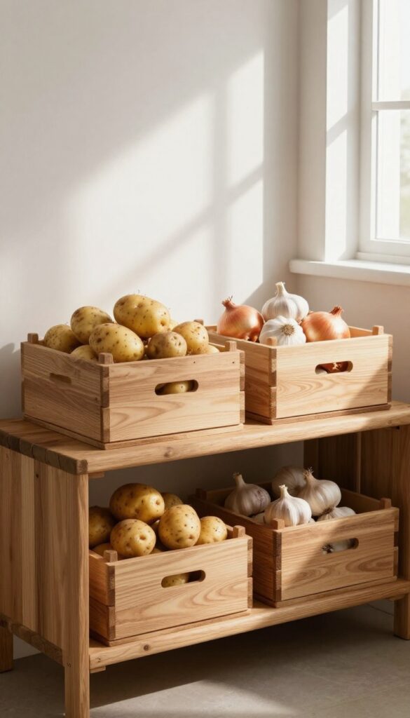 Open wooden bins filled with potatoes, onions, and garlic on a low pantry shelf in a bright, rustic kitchen.