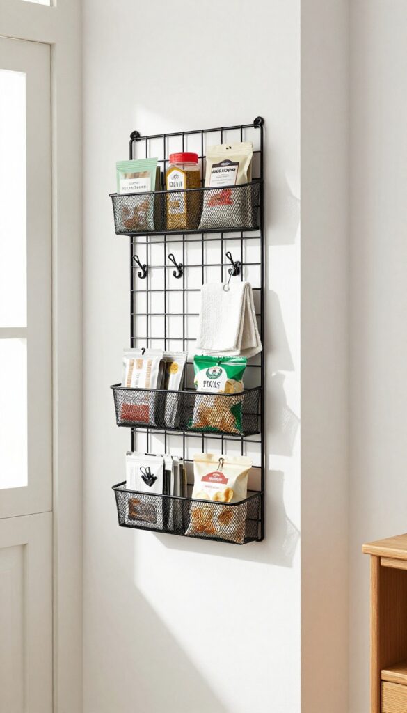 Narrow pantry with wire grid on door holding spices, towel, and chip bag