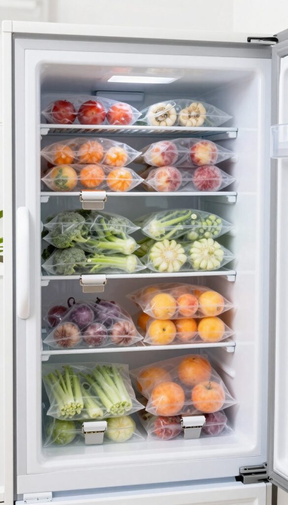Freezer door with magnetic clips organizing clear bags of frozen vegetables and fruits