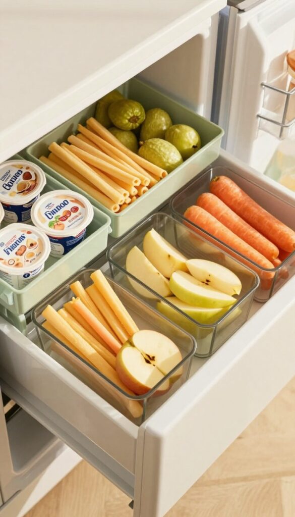 Open refrigerator snack drawer with clear bins of cheese, yogurt, and fresh fruit and vegetables, organized and tidy.
