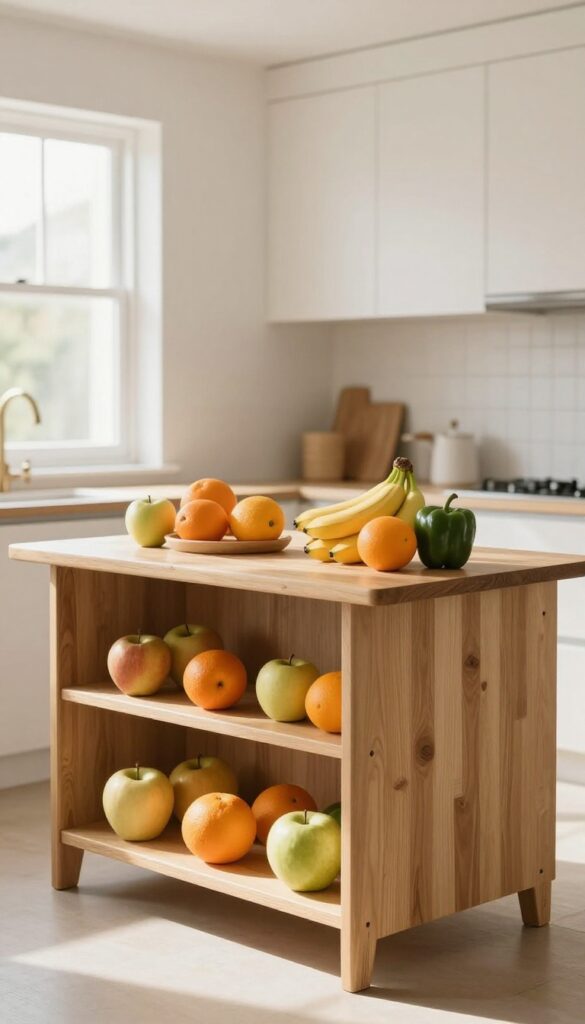 A tiered wooden stand on a kitchen island filled with colorful fresh produce, natural light, cozy kitchen background.