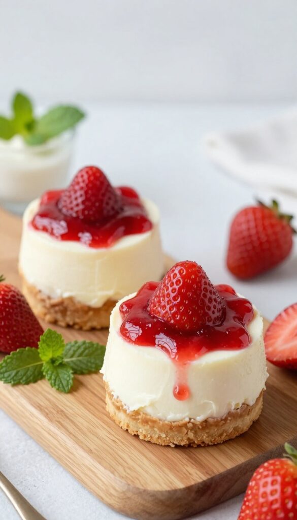 Two keto strawberry cheesecake cups with almond flour crust and strawberry compote on a wooden board, surrounded by fresh strawberries and mint.