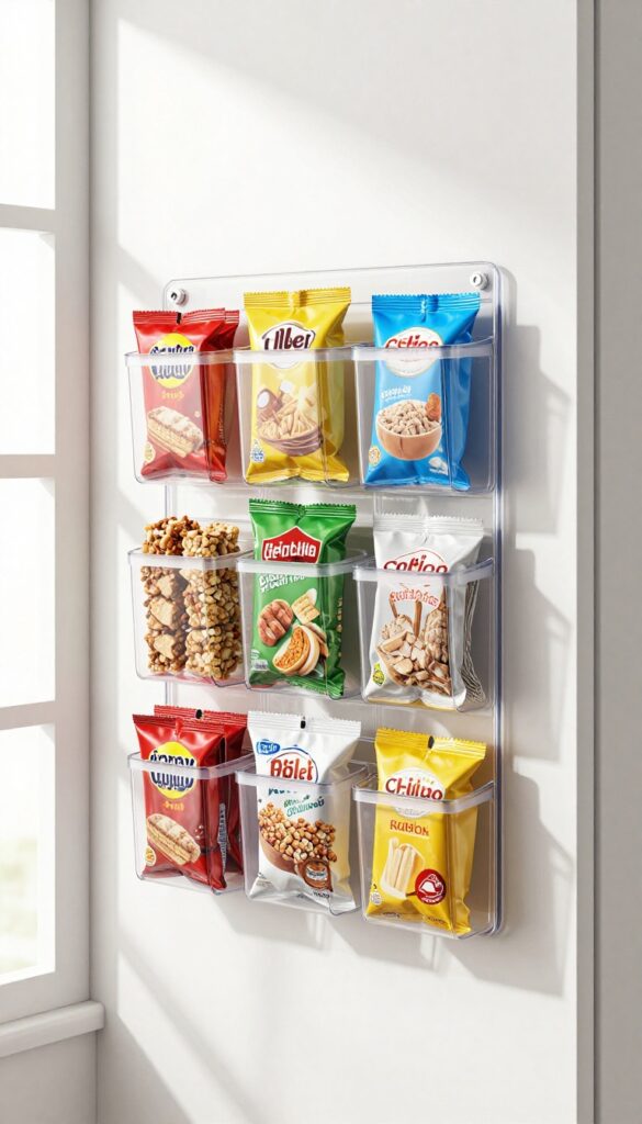Clear over-the-door shoe organizer filled with snacks on a pantry door, bright natural light, photorealistic interior design photography.