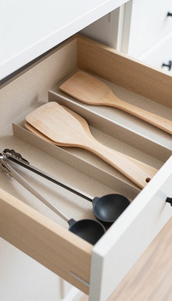 A kitchen drawer with custom dividers organizing utensils neatly.
