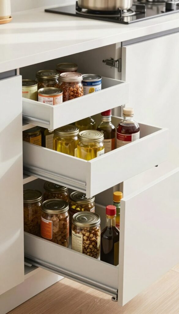 Deep pantry cabinet with pull-out drawer organizers holding canned goods and bottles, bright natural light.