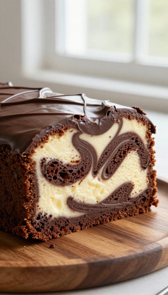 Slice of chocolate swirl cream cheese pound cake on wooden plate