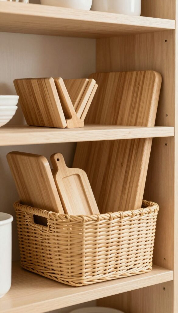 Cutting boards and baking sheets stored upright in a woven basket on a pantry shelf, neatly organized by size.