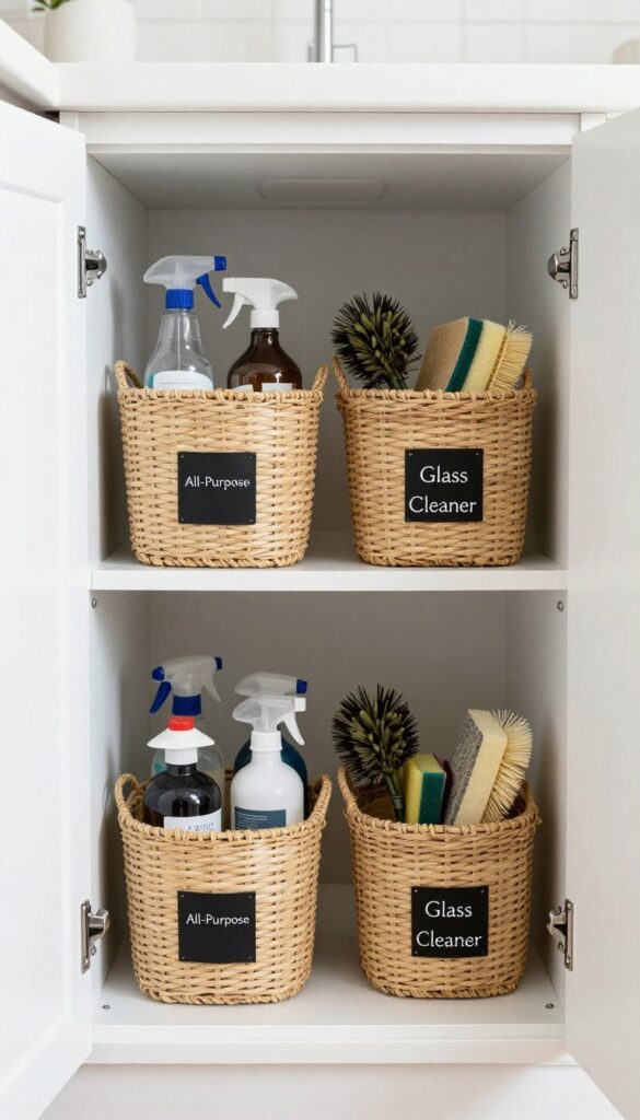 Under sink cabinet with labeled woven baskets organizing cleaning supplies