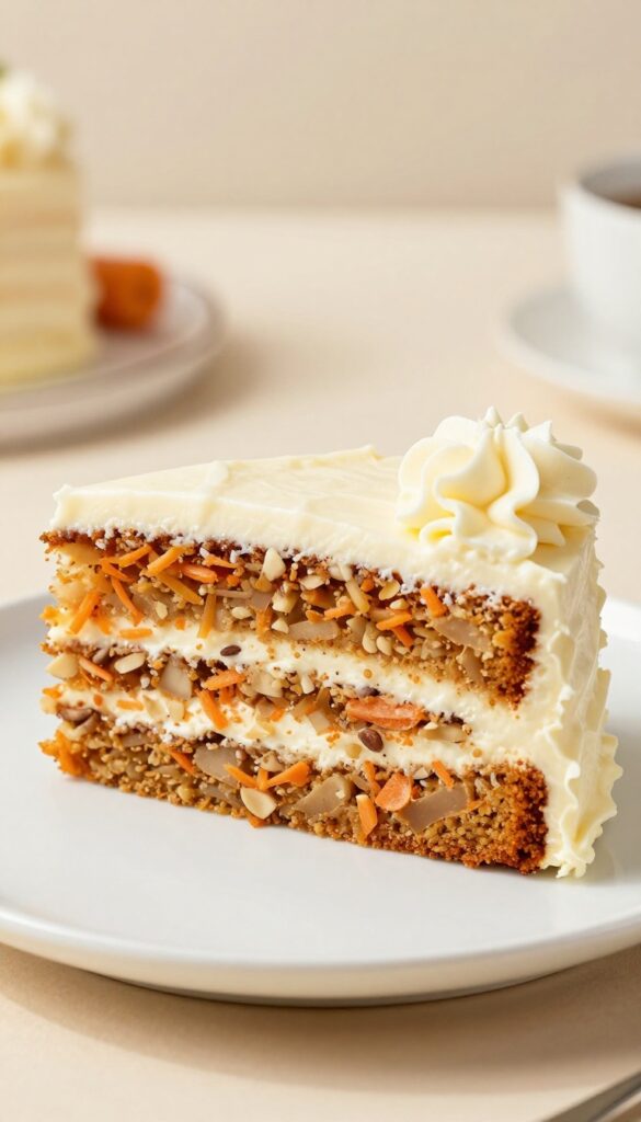 A slice of classic layered carrot cake with cream cheese frosting on a white plate, bright natural light, photorealistic food photography.