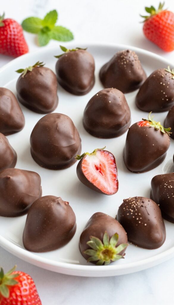 Chocolate-covered strawberry fat bombs on a white platter with fresh strawberries and mint leaves.