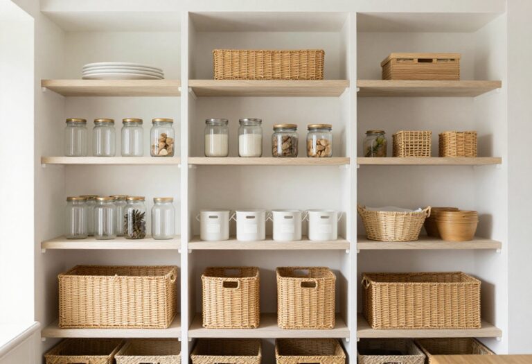 Organized wire rack pantry with baskets and jars