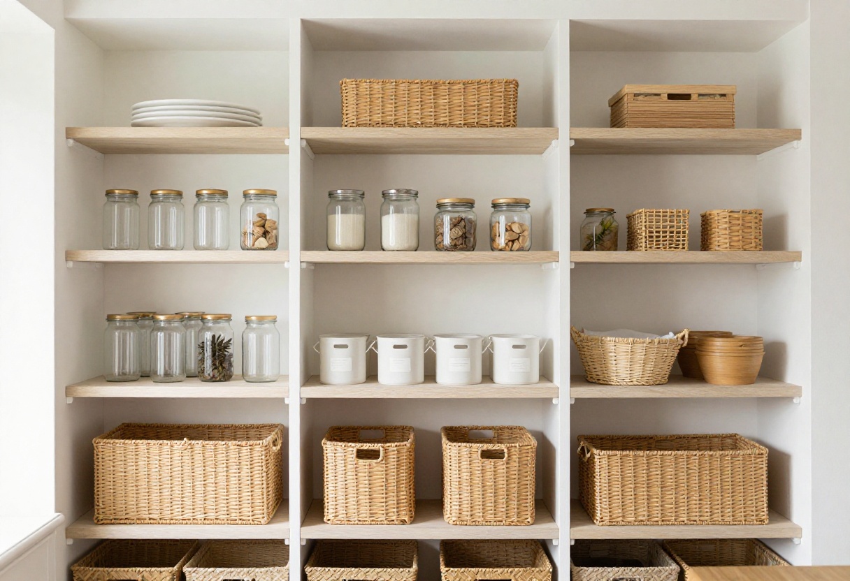 Organized wire rack pantry with baskets and jars