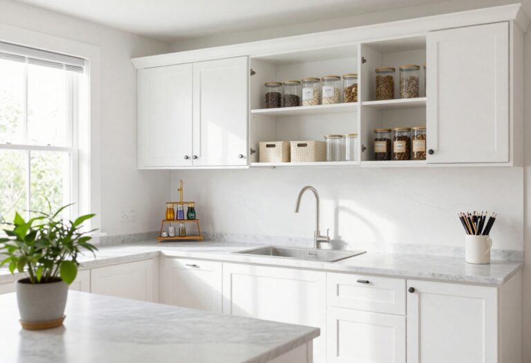 Bright kitchen with organized white cabinets showing clear canisters, baskets, and spice racks