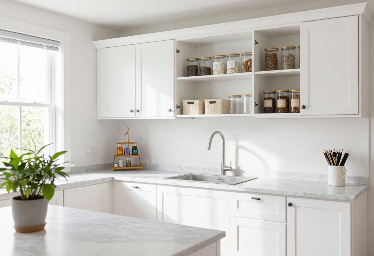 Bright kitchen with organized white cabinets showing clear canisters, baskets, and spice racks