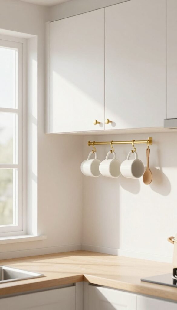Under-cabinet hooks holding white mugs and wooden utensils in a bright kitchen