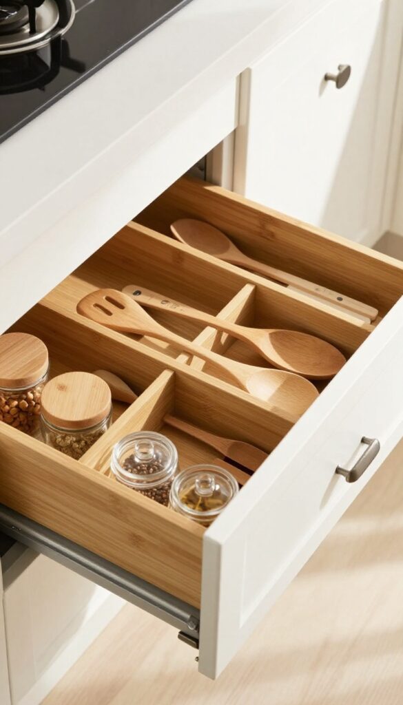 Deep kitchen drawer with layered bamboo dividers organizing utensils and spices in natural light.